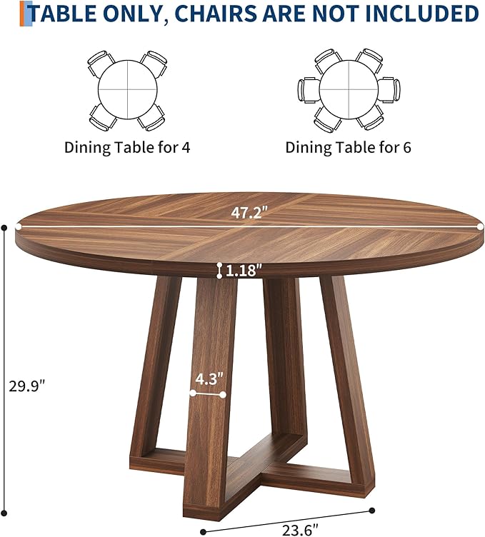 GAOMON Round Dining Table for 4-6, 47" Circle Dining Room Table with Sturdy Cross Base, Farmhouse Wood Dinner Table for Apartment Kitchen Living Room, Walnut (Table Only)