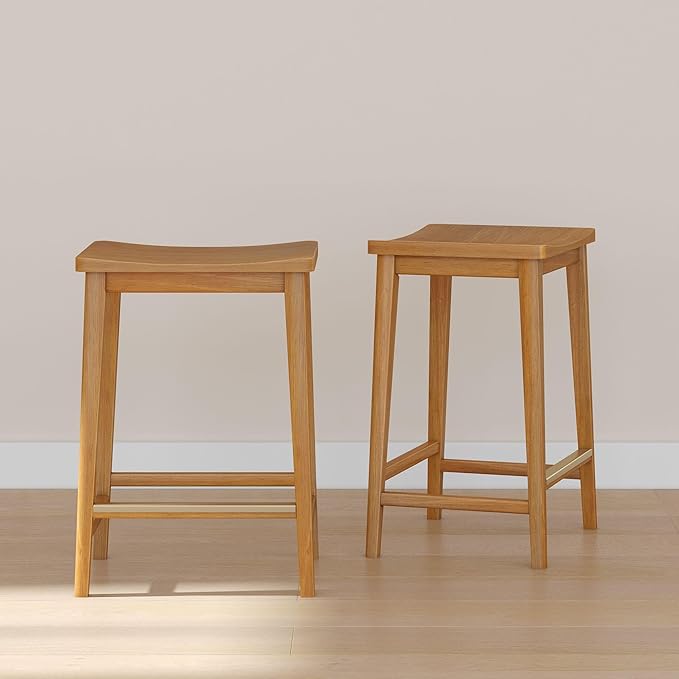 Plank+Beam Smythe Counter Stool, 24", Set of 2, Sturdy Wood Modern Kitchen Counter Height Stool, Saddle Seat Backless Counter Chair, Metal Footrest, Pecan