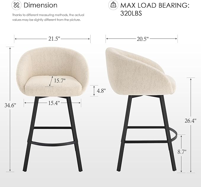Zesthouse Swivel Counter Height Stools Set of 2, Modern Bar Stools for Kitchen Island, 26" Upholstered Kitchen Counter Height Barstools with Barrel Arms & Backs, Beige Linen Fabric Bar Chairs