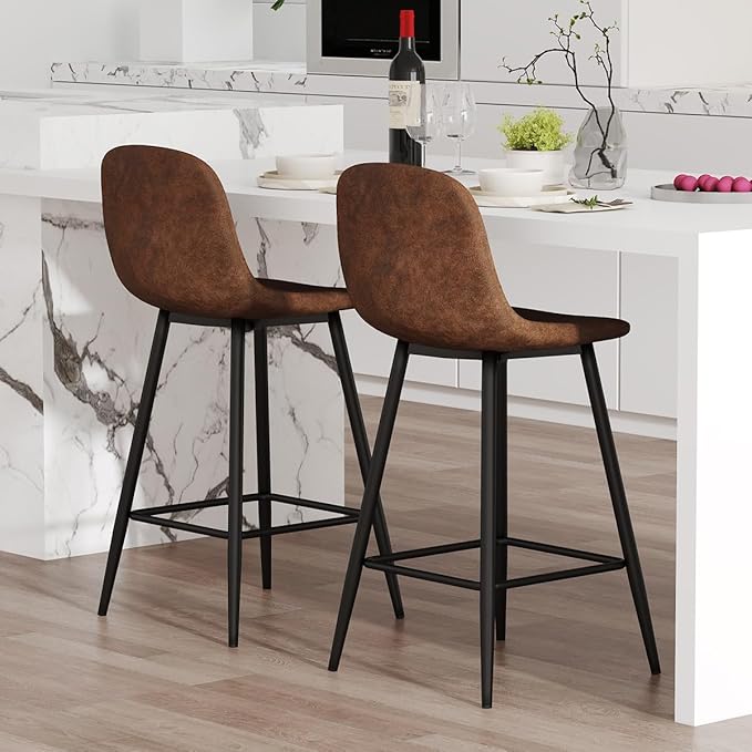Brown Barstools Set of 2, 24.6" Counter Height Bar Stools with Back & Metal Footrest, Modern Island Chairs Set of 2 for Kitchens Island Home Bar
