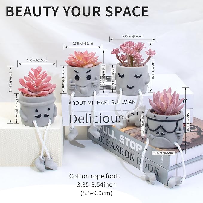 Set of 4 Artificial Potted Mini Succulent Plants - Small Fake Succulents in Hanging Leg Cement Pots, Desk/Bathroom/Bookshelf/Wall Decor for Home Office, Cute Office Decor for Women (Pink)