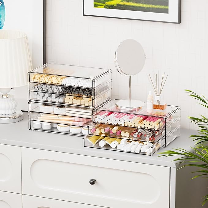 Yieach 11.1 Inch Long Clear Drawer Organizers Stackable,3 Pack Small Acrylic Drawers,School,Office Supplies Organizer And Storage Bins for Stationery,Marker,Pen,Pencil,Craft Desktop Storage Drawers