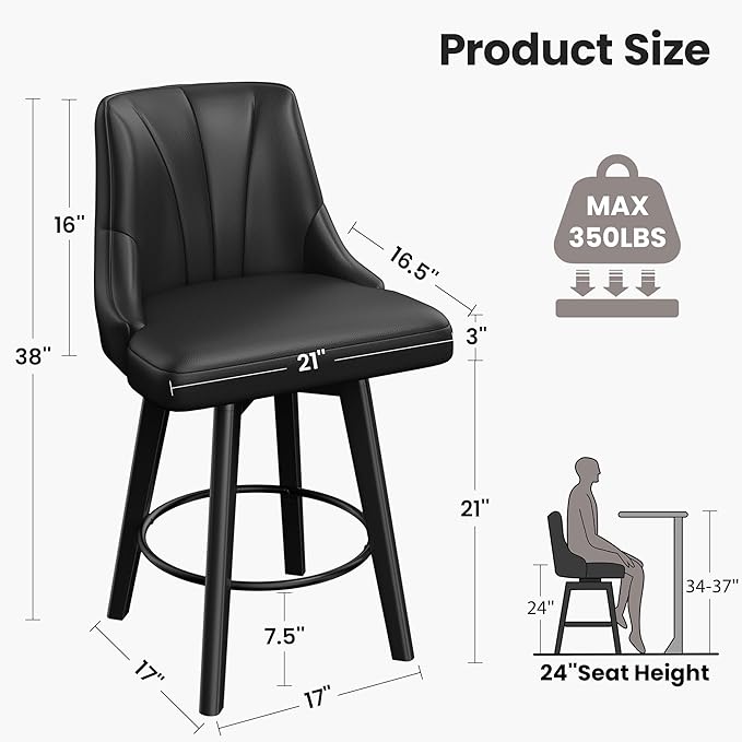 Counter Height Swivel Bar Stool, 24" Upholstered PU Leather Barstools Set of 6, Counter Stool Chairs with Back & Solid Wood Legs for Kitchen Island Dining Room (Black)