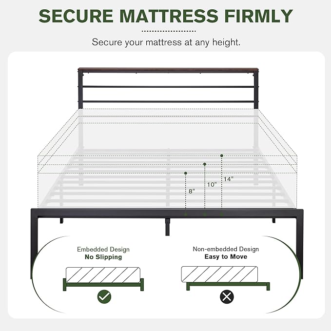 MUTICOR Queen Size Metal Platform Bed Frame with Shelf Headboard, No Box Spring Needed, Easy Assembly, Brown Shelf