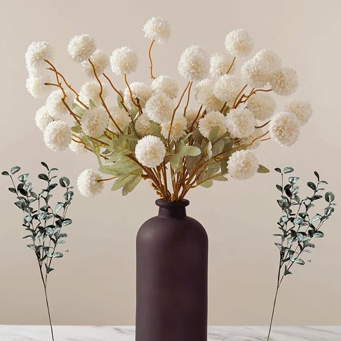RyddeligHome White Faux Flowers for Vase - Kiku 10 Stems & Eucalyptus, Fake Flowers Stems for Pottery Vase, Realistic Artificial Flowers, Pom Pom Balls for Aesthetic Farmhouse Barn Room Decor