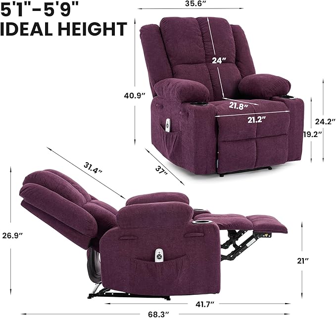 Manual Recliner Chair with Heating & Massage,Ergonomic Overstuffed Breathable Fabric Reclining Chair with Side Pockets,Q235 Steel Frame Lazy Boy Recliner Single Sofa for Living Room Bedroom