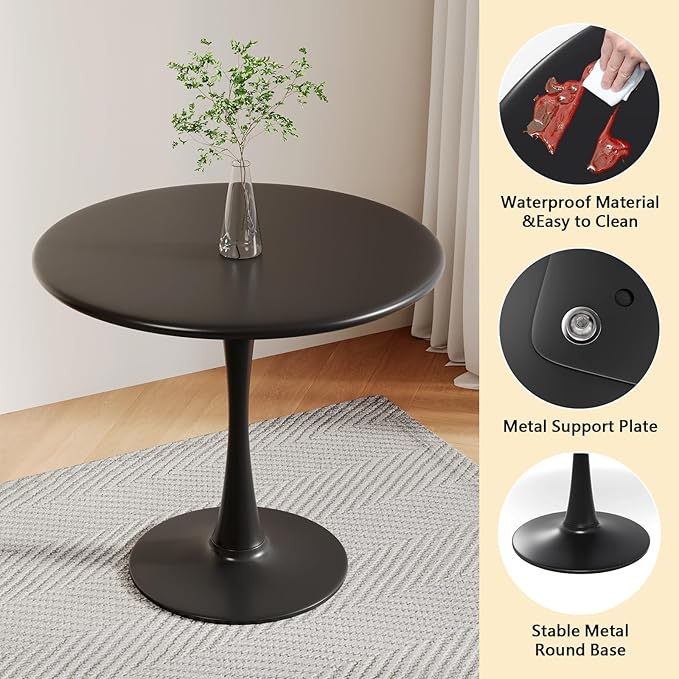 24 Inch Black Small Tulip Table, Round Dining Table for 2 Person with Pedestal for Kitchen, Circle Bistro Table, Mid Century Modern Cafe Tables for Small Spaces in Living Room, Office, Coffee,Pub, Bar