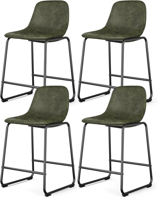 Rfiver Pu Faux Leather Bar Stools Set of 4, Industrial Pub Barstools with Back and Footrest, Modern Armless Bar Height Stool Chairs (Green, 24" Counter Chair x4)