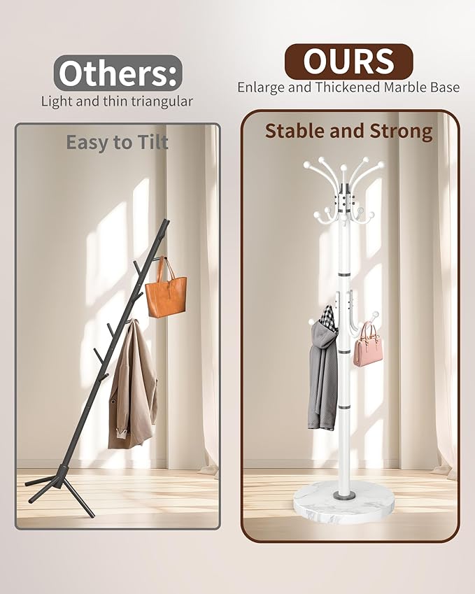 Metal Coat Rack Stand with Natural Marble Base, Modern Coat Rack Freestanding, 360°Rotary Coat Racks with 14 Hooks, White Coat Stand Hall Tree Hanger Stand for Entryway, Office，Corner