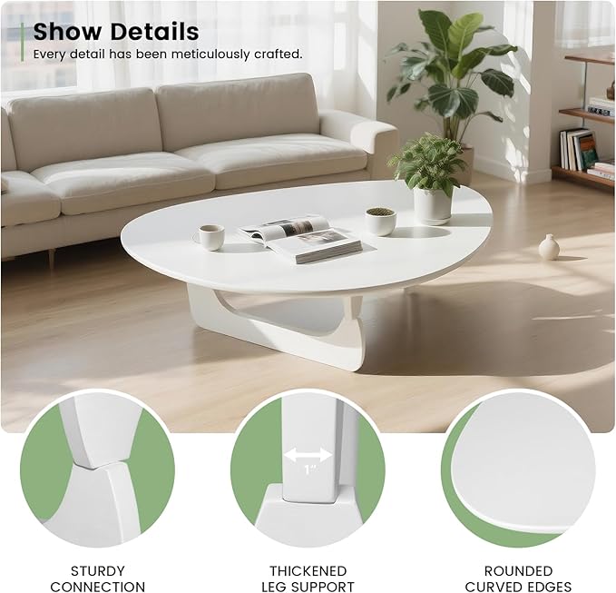Solid Wooden Modern Triangle Coffee Table: Unique Funky Coffee Tables for Living Room, Oval Mid-Century Irregular Abstract Tea Tables for Patio Office Balcony Bedroom (White, 33" L x 22" W x 16" H)