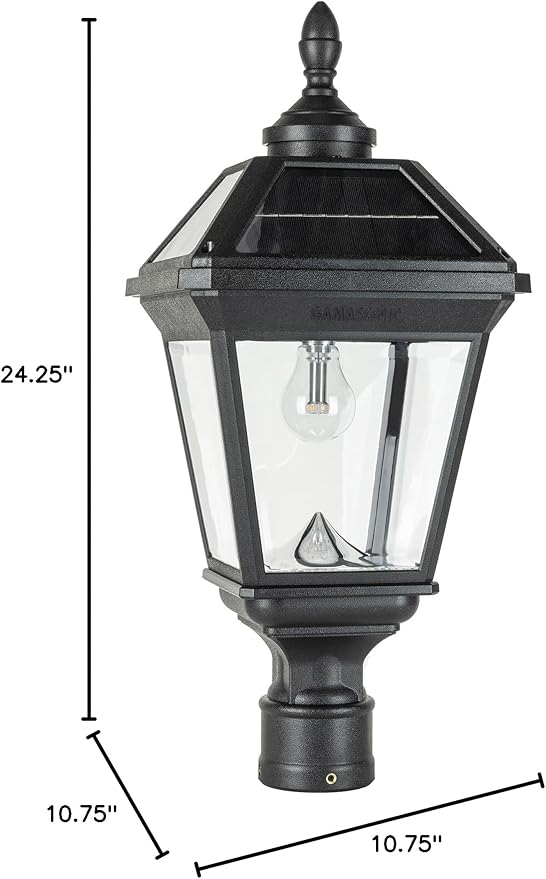 Gama Sonic Imperial II Bulb Solar Post Light, Black UV Protected Resin and Clear Lens, Outdoor Single Lamp with 3" Fitter for Lamp Posts or Pier Base and Warm White 2700K Light