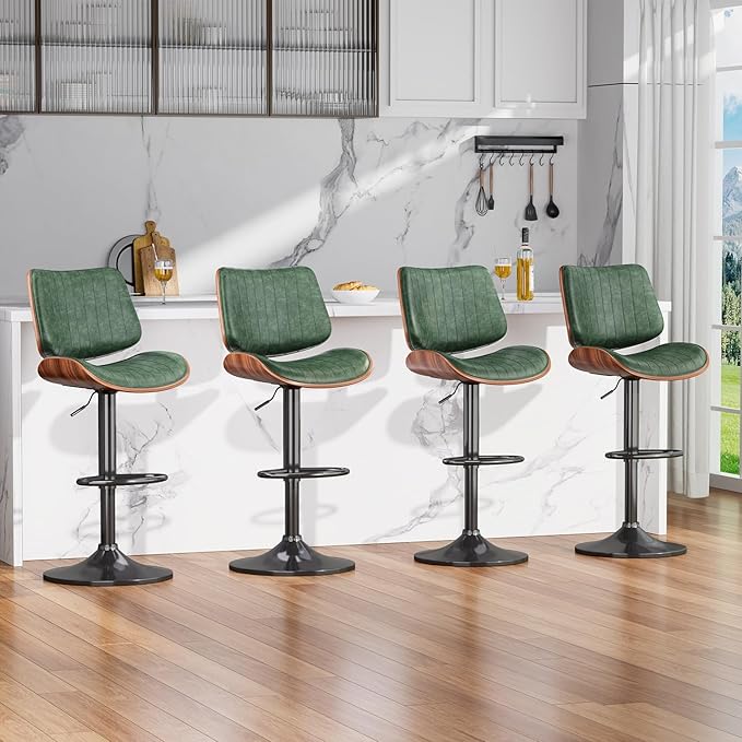 Swivel Bar Stools Set of 4, Adjustable Bentwood Barstools for Kitchen Counter, Modern PU Leather Upholstered Bar Chair with Back and Footrest, for Kitchen Island, Bar, Dining Room, Green