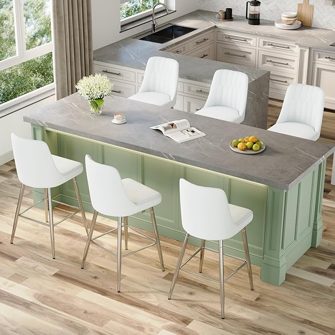 White Bar Stools Set of 6,27" Counter Height Bar Stools Set of 6,Faux Leather Counter Stools with Soft Padded Seat & Curved Backrest,Modern Kitchen Island Chairs for Dining Café