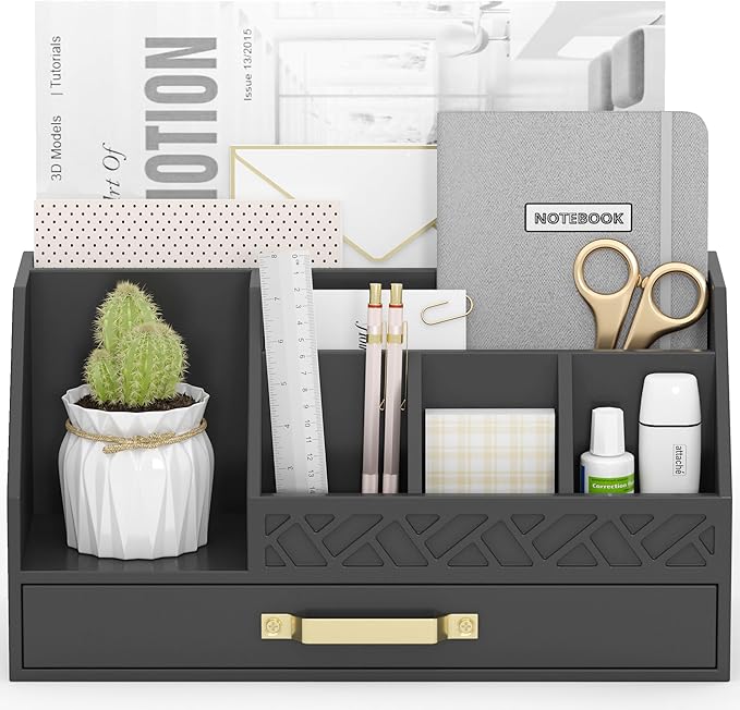 Bamboo Desk Organizer with Drawers, Mail Organizer Countertop Wood Desk Drawer Tabletop Storage Organization Pen Holder Letter Sorter Makeup Organizer for School Home Office (Black)