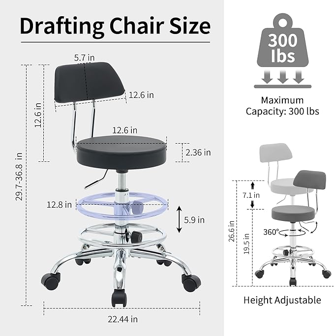 Office Chair with Back (Adjustable Height Posture Stool 19.5"-26.6")(Drafting Chair on Wheels) Work Stool with Footrest (Black)