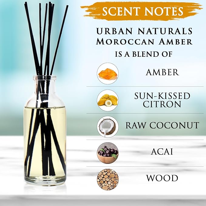 Urban Naturals Moroccan Amber Essential Oil Reed Diffuser Gift Set | Golden Silk Amber, Sun-Kissed Citron, Raw Coconut & Acai | Great Home Fragrance Gift Idea
