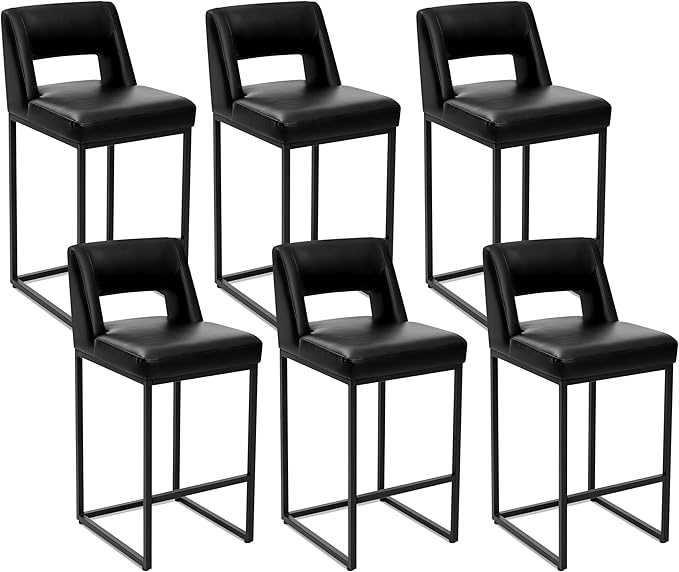 Black Bar Stools Set of 6 for Kitchen Counter Counter Height Modern Bar Chairs with Backs for Kitchen Island with Upholstered Faux Leather Seat and Metal Frame, 26 Inch
