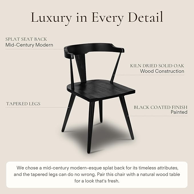POLY & BARK Mid Century Modern Enzo Black Dining Chair – Solid Oak Wood Splat Back Chair, 18" Seat Height, 32" Tall – Stylish MCM Kitchen & Dining Room Chair - Set of 3