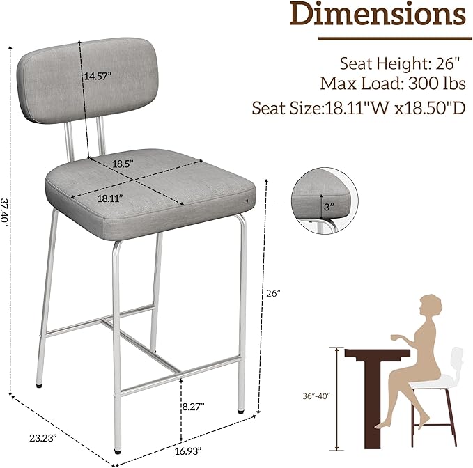 Counter Height Bar Stools Set of 4, 26" Fabric Kitchen Bar Stools with Back, Counter Barstools with Metal Legs, Bar Chairs for Kitchen Island, Gray