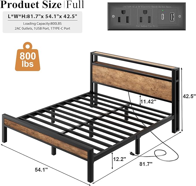 Full Size Bed Frame with Storage Headboard, Industrial Platform Bed with Charging Station and LED Lights, Heavy Duty Metal Slats, No Box Spring Need, Noise Free, Rustic Brown