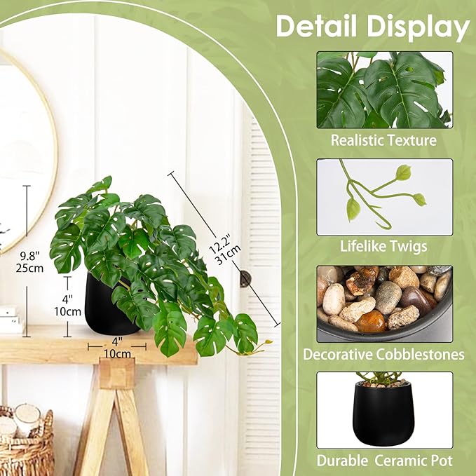 DILATATA Fake Plants Indoor 8 Inch Artificial Monstera Plant in Black Ceramic Pot - Faux Potted Tropical Palm Plant for Home Aesthetic Decor Living Room Shelf Office