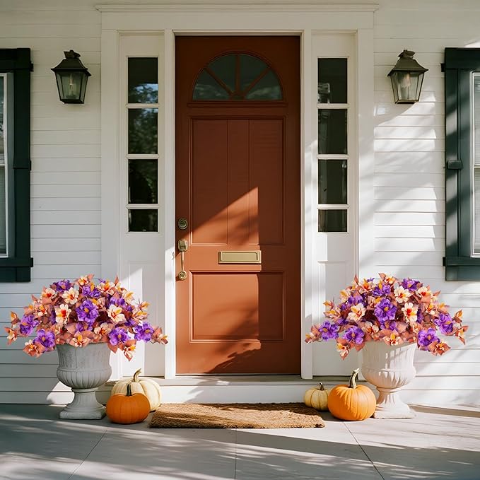 Fake Fall Flowers Artificial for Outdoors Decoration, 2PCS Faux Fall Flowers for Outdoor Planters, Autumn Hibiscus UV Resistant No Fade for Home Porch Patio Garden Balcony Yard Indoor Decor