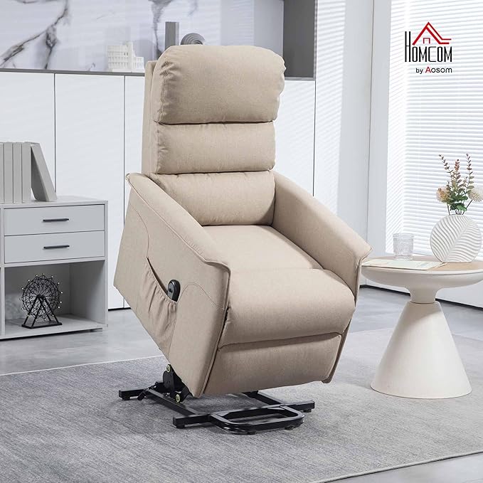 HOMCOM Power Lift Recliner Chair for Elderly, Easy Assembly, Fabric Lift Chair for Adults, Recliner Sofa with Remote Control, Side Pockets for Living Room, Beige