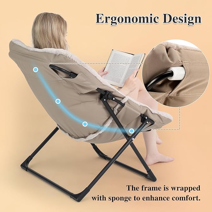 Comfy Saucer Chair for Adults, Soft Faux Fur Bedroom Chair with Ottoman, Accent Dorm Chairs, Living Room Reading Chairs and Footstool, Folding Lounge Seat for Teens, X-Large, Light Khaki