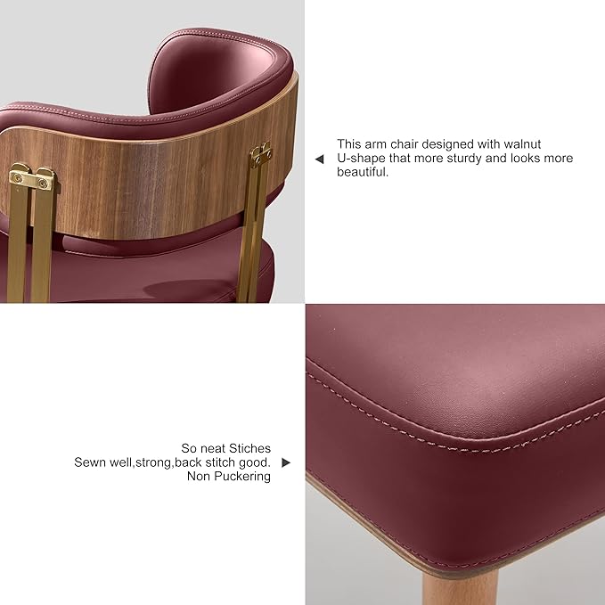 Modern Mid-Century Upholstered Leather Dining Chairs with High-Resilience Foam, Walnut Wood Veneer&Gold Metal Legs,Dining Chairs with Anti-Slip Pads,Cherry