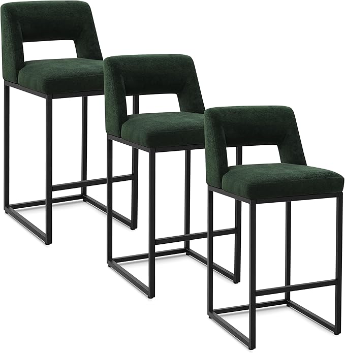 Counter Height Bar Stools Set of 3 for Kitchen Counter Modern Bar Chairs with Backs for Kitchen Island with Upholstered Fabric Seat and Metal Frame, Green, 26 Inch