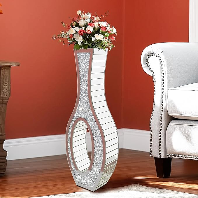 Elegant Glam Mirror Vase: Silver Glass Mirrored Vase Floor-Standing, 30.1 inches High Bling Crystal Living Room Centerpiece for Home Luxury Decor, Won't Hold Water