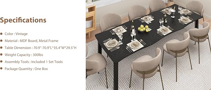 IDEALHOUSE 70.9”Dining Table with Wave Irregular Edge, 15mm Thick MDF Top & Metal Frame, for Kitchen, Quick Assembly, Wooden Kitchen Table for 6-8, Waterproof Scratch-Resistant, Modern Black