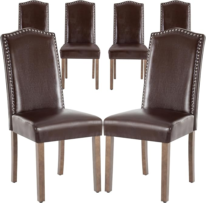 Stylish Upholstered Parsons Dining Chair PU Faux Leather with Silver Nailhead Trim and Sturdy Solid Wood Legs