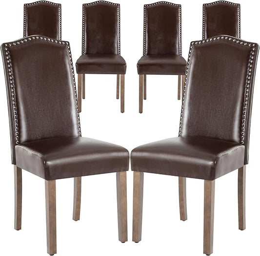 Stylish Upholstered Parsons Dining Chair PU Faux Leather with Silver Nailhead Trim and Sturdy Solid Wood Legs