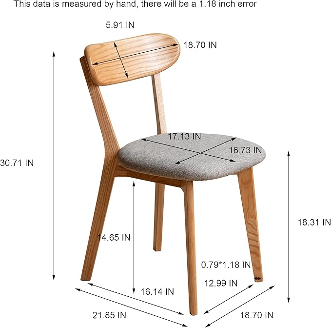 100% Solid Oak Wood Dining Chairs,Mid Century Modern Dining Chairs with Upholstered Cushion,Kitchen,Dining Room Chairs Set of 2 (2, Original Color Grey Upholstery)