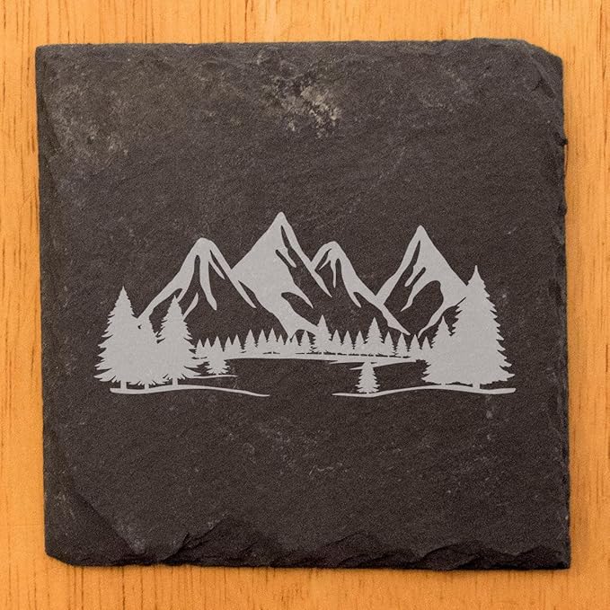 Mountain Majesty Slate Coasters with Stunning Mountain Scene Design - Perfect for Home and Office Decor and Protection of Surfaces, Available in Square or Round Coasters - Square Slate - Set of 8