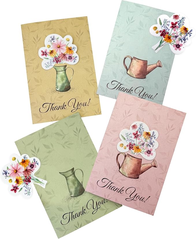 Seed Paper Thank You Cards – 4 Plantable Bouquet Inserts with Wildflower Seeds, 4 Greeting Cards & Envelopes, Unique Gift for Mothers, Garden Lovers, Birthdays, Weddings & Special Occasions