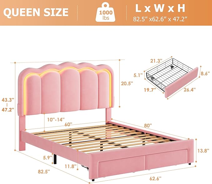 Queen Upholstered LED Bed Frame with 2 Storage Drawers and Adjustable Chic Double Wavy Headboard, Velvet Princess Platform Bed with Charing Station, Solid Wood Slats Support,No Box Spring Needed, Pink