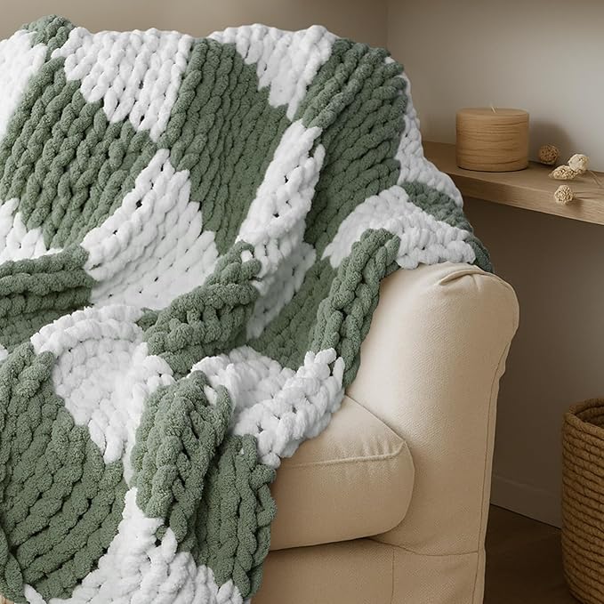 Tudomro Checkered Chunky Knit Throw Blanket for Couch 50 x 60 Inches Neutral Modern Decor 100% Hand Knitted Cozy Soft Large Rope Knot Crochet Blankets for Sofa Bed Living Room (Ivory and Sage Green)