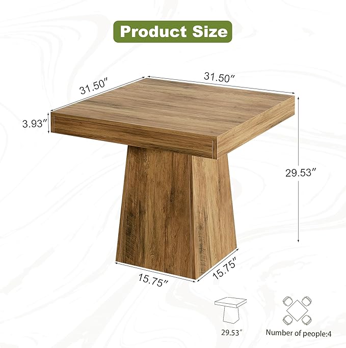 NicBex Square Dining Table for 4, 31.5" Farmhouse Dinner Table Small Dining Room Tables Wooden Kitchen Tables with Heavy Duty Pedestal for Kitchen, Living Room, Brown