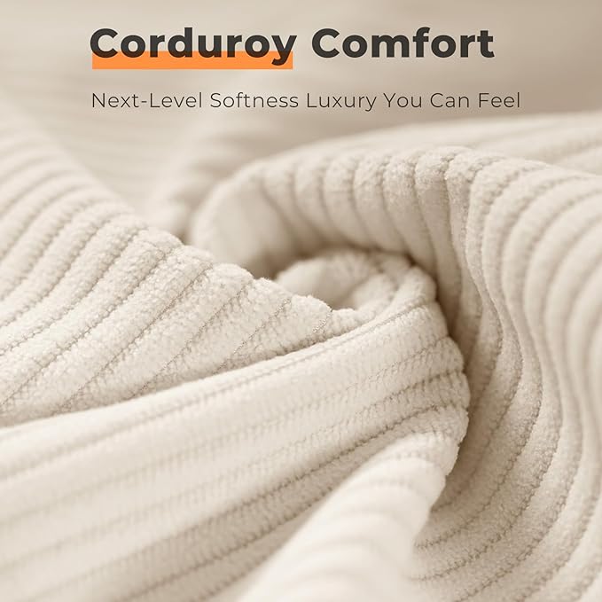 Queen Size Bed Frame with 51" Tall Corduroy Wingback Headboard and Storage Shelf, Upholstered Platform Bed with LED Lights & Charging Station, No Box Spring Needed, Easy Assembly, Cream