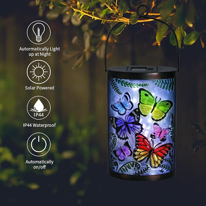 Afirst Hanging Solar Lantern - Decorative Outdoor Glass Solar Butterfly Lights Waterproof Led Tabletop Lamp for Garden Yard Patio Decor