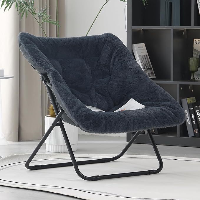 Saucer Chair, Comfy Doorm Chairs, Oversized Folding Faux Fur Chair, Foldable Metal Frame Chair, for Bedroom, Living Room, Balcony, Study, Playroom (Navy Blue)