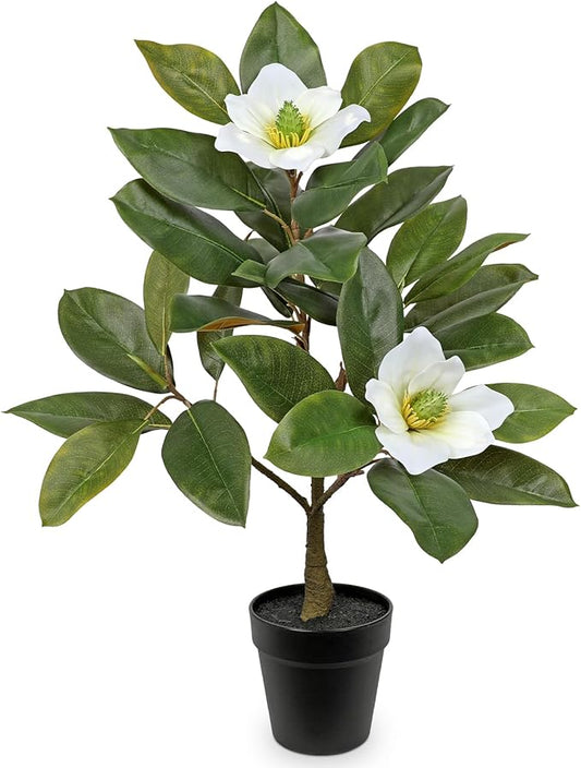 Briful Artificial Magnolia Flower Tree in Black Pot – 26.3in Tall Faux Magnolia Plant with Realistic White Blooms Fake Potted Silk Floral Tree for Home Office Room Kitchen Outdoor Porch Décor