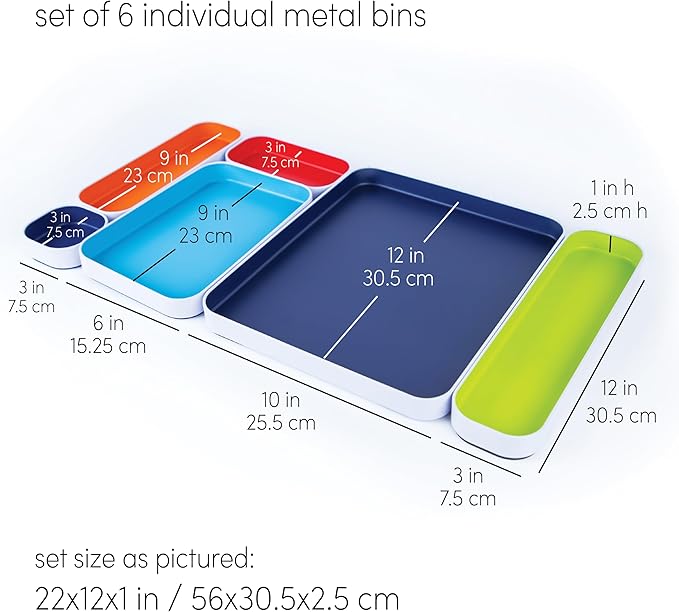 Three by Three Seattle 10 Piece Metal Organizer Tray Set for Storing Makeup, Stationery, Utensils, and More in Office Desk, Kitchen and Bathroom Drawers (2 Inch, Assorted Colors)
