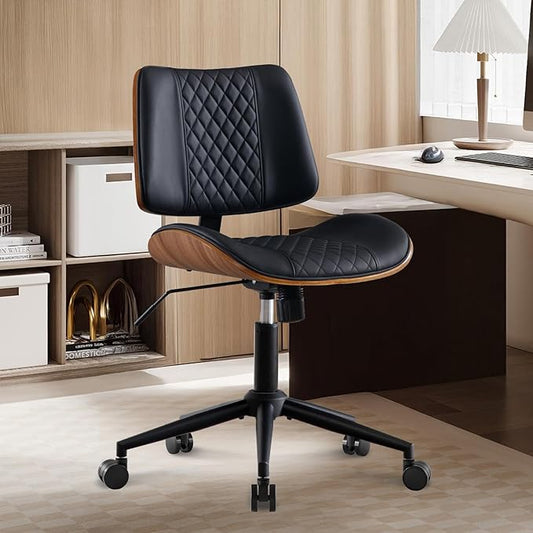 BV Small Desk Chair, Mid Century Office Chair with Bentwood Back, Armless Task Swivel Chair with Wheels, Mid Back No Arms, Faux Leather Office Chairs for Small Space, Black