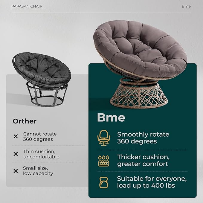 Bme 40" Ergonomic Wicker Papasan Chair with Soft Thick Cushion & Frame, 360° Swivel, Circle, Reading, Comfy Chair for Living Room, Bedroom
