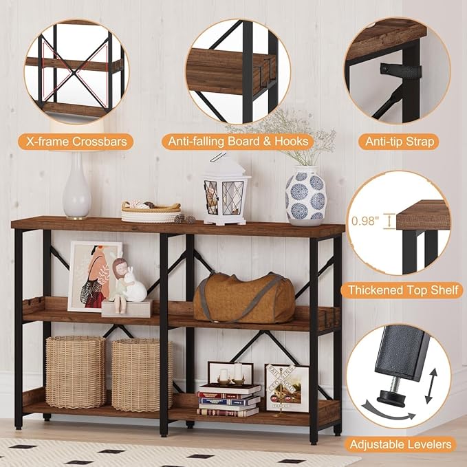 BON AUGURE Rustic Console Table with Shelves, 3 Tier Sofa Table Behind Couch for Living Room, Wood Metal Entryway Tables for Hallway, Foyer, Entrance (47 Inch, Rustic Oak)