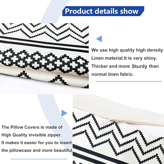 Decorative Throw Pillow Covers Set of 2 Black Boho Pillow Covers 16x16 Inch Throw Pillow Cover Linen Pillowcase Modern Boho Farmhouse Outdoor Pillow Covers for Couch Sofa Bed Living Room