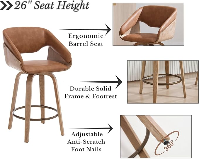 HNY 26 Inch Swivel Bar Stools with Back Set of 2, Brown Faux Leather Upholstered Counter Height Barstools with Solid Bentwood Frame, Round Footrest, Modern Barrel Counter Stools for Kitchen Island